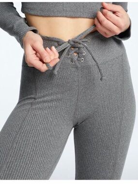 Year of Ours Ribbed Lace-Up High-Waist Knit Leggings - Gray